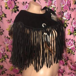 Indian tribal fringe poncho feather beaded black